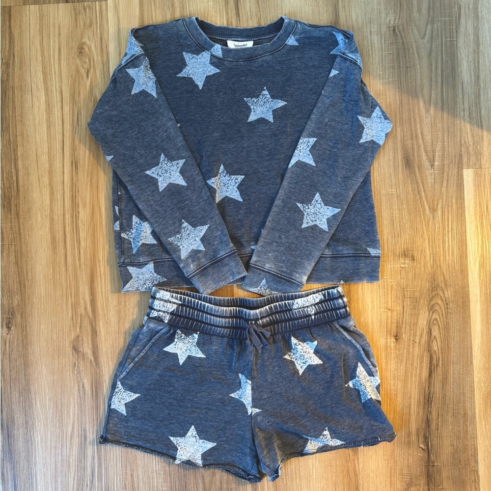 Splendid Washed Denim Stars Pullover Sweatshirt Top and Matching Sweatshorts